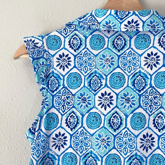Ibkul Terra Print Sleeveless Ruffle Dress Size XS Seafoam Blue Mandala UPF 50+ - Picture 8 of 12